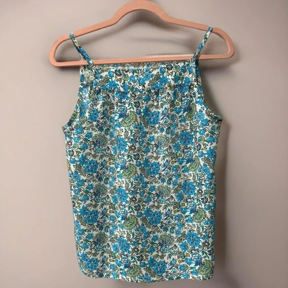 LOFT Floral Cami Blouse Cottage Blue Spaghetti Strap Top Lace Accent Sz Small P - Picture 4 of 9